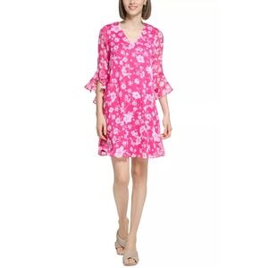 Calvin Klein Floral Shift Dress Women 6 Pink Ruffled Sleeve Flirty Romantic Chic